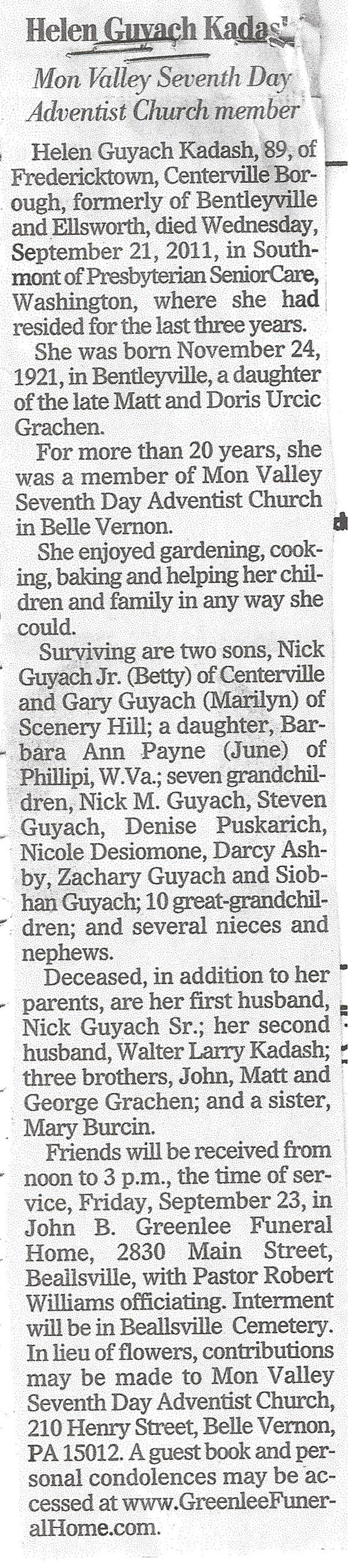 Helen Guyach Kadash obit